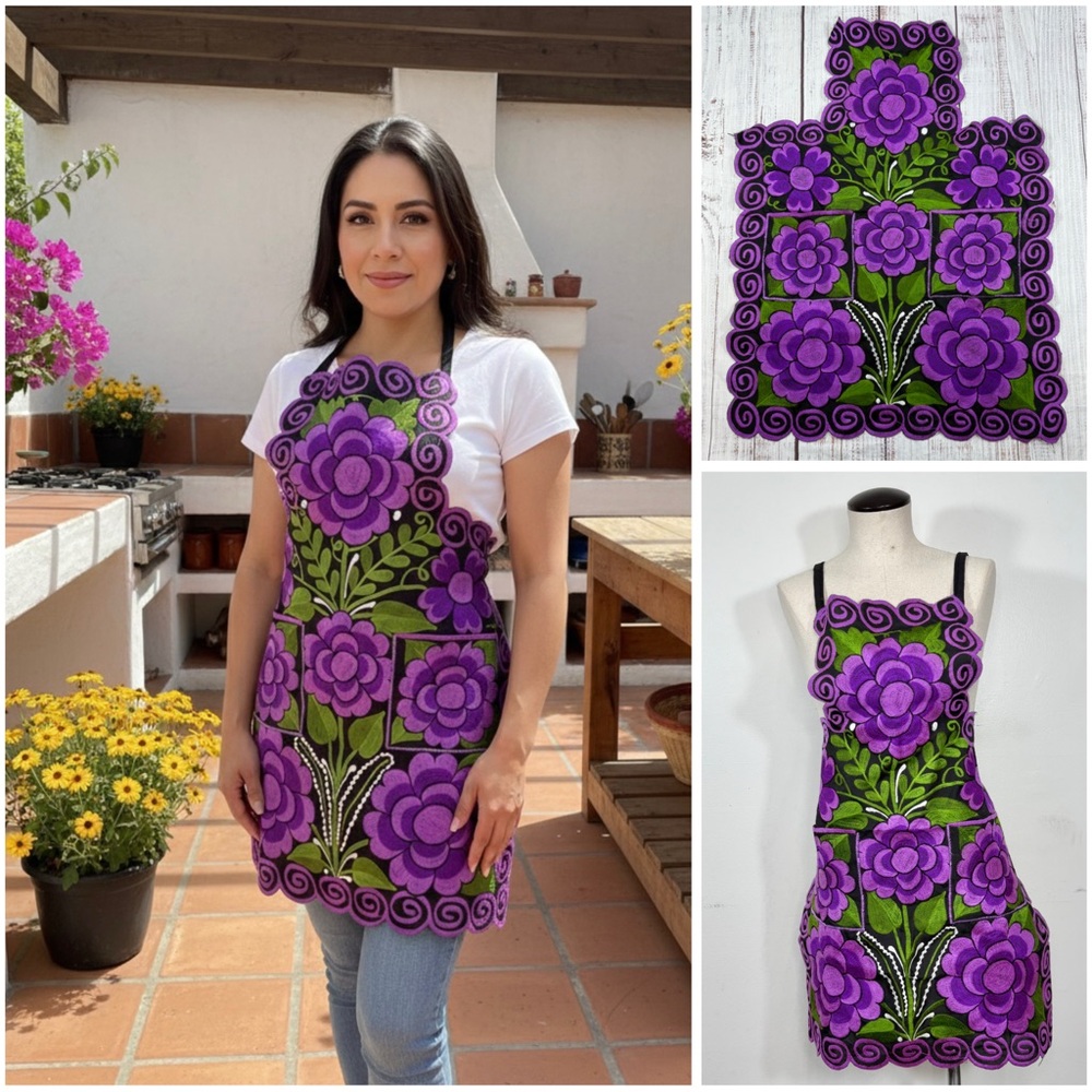 Mexican Embroidered Purple Zinacantan Floral Artisan Apron